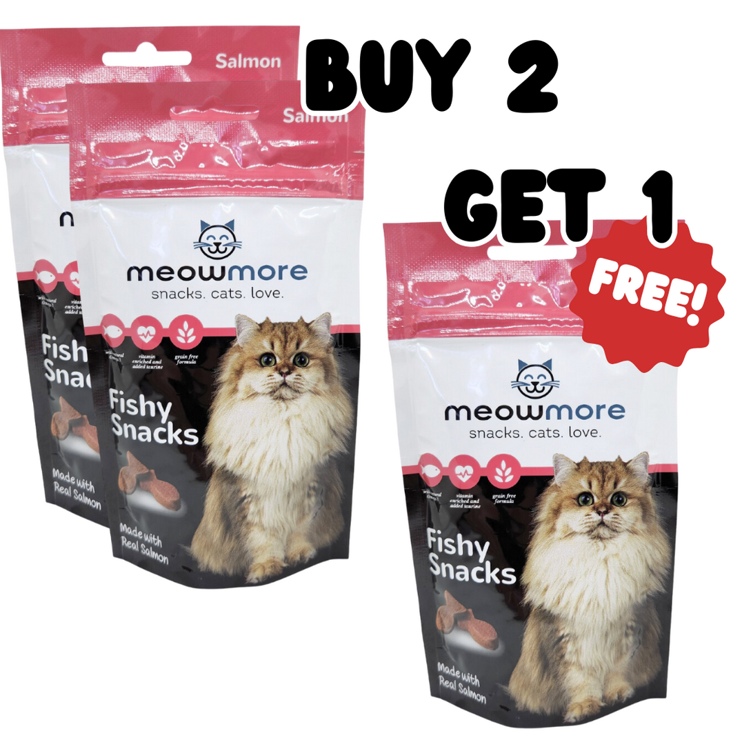 BUY 2 x Meow More Fishy Snacks Salmon & Trout + GET 1 x FREE Meow More Meaty Snacks Salmon & Trout